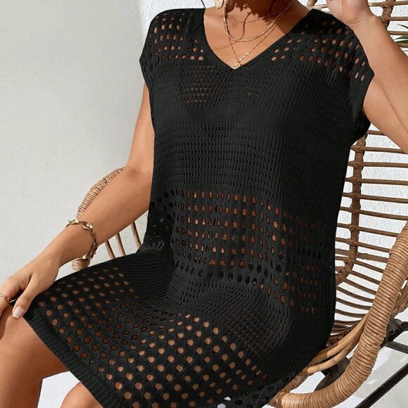 Black Boho Women's Swim Hollow Out Batwing Sleeve Cover Up Dress - Picture 4 of 5